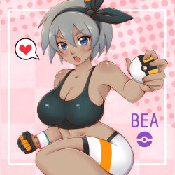 Rule 34 | 1girl, absurdres, alternate breast size, bea (pokemon), blue eyes, breasts, cleavage, creatures (company), fighting stance, game freak, gloves, grey hair, heart, highres, large breasts, legs, midriff, misune art, nintendo, open mouth, poke ball, pokemon, pokemon swsh, short hair, shorts, solo, spoken heart, tank top, thick thighs, thighhighs, thighs
