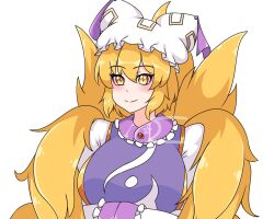 Rule 34 | 1girl, blush, closed mouth, commentary, fox tail, hands in opposite sleeves, hat, highres, kitsune, looking at viewer, mob cap, multiple tails, neferkitty, slit pupils, smile, solo, tail, touhou, upper body, white hat, yakumo ran, yellow eyes