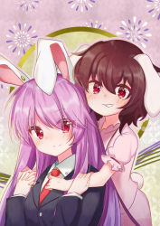 Rule 34 | 2girls, age difference, animal ears, black jacket, blush, breasts, brown hair, buttons, child, closed mouth, collared shirt, commentary request, dress, eyelashes, eyes visible through hair, fingernails, fireworks, green background, hair between eyes, hands up, highres, inaba tewi, jacket, jewelry, kutabiretainu, long fingernails, long hair, long sleeves, looking at another, looking at viewer, medium breasts, multicolored background, multiple girls, necklace, necktie, onee-loli, pink dress, pink eyes, puffy short sleeves, puffy sleeves, purple background, purple hair, rabbit ears, rabbit tail, red necktie, reisen udongein inaba, shirt, short hair, short sleeves, smile, tail, teeth, touhou, upper body, v-shaped eyebrows, yuri