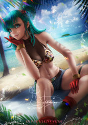Rule 34 | 1girl, aqua eyes, aqua hair, axsen, banned artist, bare shoulders, belt, bikini, bikini top only, blue sky, breasts, bulma, cleavage, cloud, cloudy sky, dragon ball, dragon ball (classic), gloves, hair ornament, highres, looking at viewer, medium breasts, navel, ocean, red gloves, sand, short shorts, shorts, side ponytail, sitting, sky, smile, solo, swimsuit