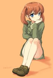 Rule 34 | 1girl, blue eyes, blush, brown hair, francie gerard, frown, hand on own chin, head tilt, highres, legs together, looking at viewer, makaze (t-junction), orange background, simple background, sitting, sketch, solo, strike witches, twintails, uniform, world witches series