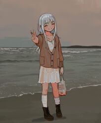 Rule 34 | 1girl, bandaid, bandaid on hand, beach, blood, boots, cardigan, closed eyes, earrings, flat chest, full body, grey hair, happy, highres, horizon, io (onisarashi), jewelry, kneehighs, muted color, ocean, original, sand, scratches, skirt, sky, smile, socks, solo, v