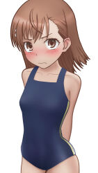 Rule 34 | 1girl, 2023, 20s, absurdres, arms behind back, bare hips, bare shoulders, blush, breasts, brown eyes, brown hair, collarbone, competition swimsuit, eippu, embarrassed, female focus, flower, hair flower, hair ornament, highres, looking at viewer, matching hair/eyes, misaka mikoto, one-piece swimsuit, short hair, small breasts, solo, standing, swimsuit, thighs, toaru kagaku no railgun, toaru majutsu no index, wavy mouth, white background