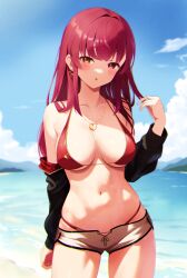 Rule 34 | 1girl, :o, absurdres, bikini, black jacket, blue sky, blush, breasts, commentary request, day, dolphin shorts, earrings, hair down, heart, heart earrings, heart necklace, heterochromia, highres, hololive, houshou marine, houshou marine (summer), jacket, jewelry, large breasts, long hair, looking at viewer, meme tesshin, navel, necklace, off shoulder, orange eyes, outdoors, parted lips, red bikini, red eyes, red hair, revision, shorts, sky, solo, stomach, swimsuit, virtual youtuber