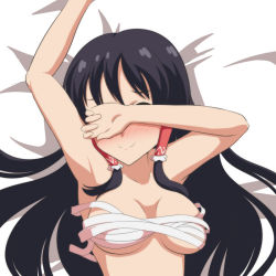 Rule 34 | 1girl, armpits, arms up, bed, black hair, blush, breasts, cato (monocatienus), commentary request, covering own eyes, hair tubes, hakurei reimu, long hair, lying, medium breasts, on back, sarashi, smile, solo, touhou, undone sarashi, upper body