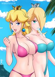 Rule 34 | 2girls, alternate costume, aqua bikini, bare arms, bare legs, bare shoulders, beach, bikini, blonde hair, blue eyes, blush, brazil, breasts, cleavage, clenched hand, cloud, collarbone, crown, day, earrings, food, hair over one eye, hand up, highres, jewelry, large breasts, long hair, looking at viewer, mario (series), mary janes, mouth hold, multiple girls, navel, neck, nintendo, open mouth, outdoors, palm tree, pink bikini, popsicle, princess, princess peach, rosalina, round teeth, shoes, sky, smile, standing, strapless, strapless bikini, super mario galaxy, swimsuit, teeth, tree, upper teeth only