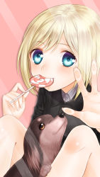 Rule 34 | 1girl, bad id, bad pixiv id, blonde hair, blue eyes, candy, dachshund, dog, eating, erica hartmann, food, fourth wall, graphite (medium), lollipop, looking at viewer, mixed media, short hair, simple background, sitting, solo, strike witches, third-party edit, totonii (totogoya), traditional media, world witches series