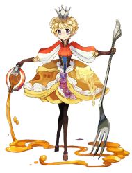 Rule 34 | 1girl, black gloves, black pantyhose, blonde hair, blueberry, brown skirt, butter, crown, food, food-themed clothes, food-themed ornament, fork, fruit, full body, gloves, looking at viewer, messy hair, morinaga (brand), myun (moukin no ana), original, oversized object, pancake, pantyhose, personification, pouring, puffy sleeves, purple eyes, short hair, skirt, smile, solo, standing, syrup, whipped cream, white background