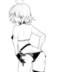 Rule 34 | 10mo, 1girl, ahoge, ass, back, bandaged arm, bandages, bare shoulders, bikini, breasts, butt crack, fate/grand order, fate (series), gloves, greyscale, highres, jeanne d&#039;arc alter (fate), jeanne d&#039;arc alter (swimsuit berserker) (fate), looking at viewer, looking back, medium breasts, monochrome, short hair, solo, swimsuit, thighs