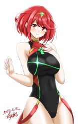 Rule 34 | 1girl, armor, blush, breasts, commentary request, competition swimsuit, covered navel, earrings, gem, hair ornament, headpiece, highres, hisin, jewelry, large breasts, looking at viewer, nintendo, one-piece swimsuit, pyra (pro swimmer) (xenoblade), pyra (xenoblade), red eyes, red hair, short hair, simple background, smile, solo, swept bangs, swimsuit, tiara, white background, xenoblade chronicles (series), xenoblade chronicles 2