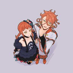 Rule 34 | 1boy, 1girl, braid, brother and sister, dress, fire emblem, fire emblem engage, hahm0106, hair ornament, hand on own face, jewelry, looking at viewer, makeup, medium hair, nintendo, open mouth, orange hair, pandreo (fire emblem), panette (fire emblem), priest, siblings, simple background, smile, twin braids, yellow eyes