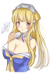 Rule 34 | 1girl, blonde hair, blue shirt, breasts, calin, cleavage, commentary request, cropped torso, dated, detached collar, double bun, fletcher (kancolle), hair bun, highres, kantai collection, large breasts, long hair, looking at viewer, neckerchief, one-hour drawing challenge, parted lips, purple eyes, sailor collar, school uniform, serafuku, shirt, signature, simple background, smile, solo, white background, white sailor collar, yellow neckerchief