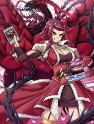 Rule 34 | 1girl, artist name, black rose dragon, breasts, card, choker, cleavage, collarbone, cowboy shot, dragon, dress, duel disk, fgsketch, fingerless gloves, garter straps, gloves, glowing tattoo, highres, holding, holding card, izayoi aki, large breasts, long hair, looking at viewer, petals, red choker, red dress, red hair, sharp teeth, spikes, teeth, trading card, yellow eyes, yu-gi-oh!, yu-gi-oh! 5d&#039;s