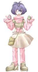 Rule 34 | 1girl, alternate costume, bad id, bag, bob cut, bodysuit, brown bag, brown footwear, brown skirt, chest guard, easter egg, egg, eiko carol, final fantasy, final fantasy ix, full body, gloves, hands up, happy, holding, holding egg, horns, looking at viewer, lowres, one eye closed, open mouth, pink bodysuit, pink gloves, purple eyes, purple hair, rendezvous, shoes, shoulder bag, simple background, single horn, skirt, smile, solo, standing, suspenders, white background