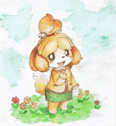 Rule 34 | 1girl, animal crossing, animal ears, animal hands, barefoot, bell, black eyes, blonde hair, blue sky, blush stickers, cloud, day, dog ears, dog girl, dog tail, female focus, flower, full body, furry, furry female, grass, hair bell, hair ornament, hair tie, hand up, happy, isabelle (animal crossing), jacket, jingle bell, konanbo, long sleeves, looking at viewer, neck ribbon, nintendo, open mouth, outdoors, red flower, red ribbon, ribbon, shirt, short hair, sky, smile, solo, standing, tail, topknot, white shirt, yellow flower, yellow jacket