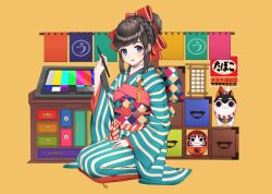 Rule 34 | 1girl, blue eyes, braid, daruma doll, hair bun, hair ribbon, highres, japanese clothes, kimono, long sleeves, looking at viewer, obi, open mouth, original, red ribbon, ribbon, sash, seiza, sidelocks, single hair bun, sitting, smile, solo, striped clothes, striped kimono, usamochi., wide sleeves, yellow background
