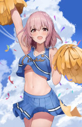 Rule 34 | 1girl, :d, arm up, armpits, ayul (ayulneri 92), bare arms, bare shoulders, blue shirt, blue skirt, braid, breasts, cheerleader, collarbone, confetti, cowboy shot, crop top, crop top overhang, date a live, highres, holding, looking at viewer, medium breasts, medium hair, midriff, miniskirt, navel, open mouth, pink hair, pleated skirt, pom pom (cheerleading), red eyes, shirt, skirt, sleeveless, sleeveless shirt, smile, solo, sonogami rinne, standing, stomach, sweat, thighs, underboob