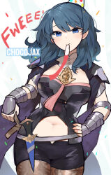 Rule 34 | 1girl, artist name, black shorts, blue eyes, blue hair, breasts, brown pantyhose, byleth (female) (fire emblem), byleth (fire emblem), chocojax, clothing cutout, commentary, cowboy shot, dagger, fire emblem, fire emblem: three houses, hand on own hip, highres, knife, long hair, looking at viewer, medium breasts, mouth hold, navel, navel cutout, nintendo, pantyhose, pantyhose under shorts, scabbard, sheath, sheathed, short shorts, short sleeves, shorts, smile, solo, standing, vambraces, weapon