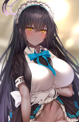 Rule 34 | 1girl, ahoge, black hair, blue archive, blue bow, blurry, blurry background, blush, bow, breasts, clothes lift, dark-skinned female, dark skin, dress, dress lift, embarrassed, gloves, halo, highres, karin (blue archive), large breasts, long hair, looking at viewer, maid, maid headdress, navel, solo, very long hair, white gloves, yellow eyes, yuyu (yuyuworks)