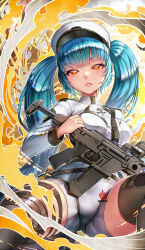 Rule 34 | 1girl, blue hair, breasts, crotch, drill hair, goddess of victory: nikke, hat, highres, holding, holding weapon, holster, kanchiyo, light blue hair, long hair, medium breasts, military hat, military uniform, on one knee, peaked cap, privaty (nikke), solo, thigh holster, twin drills, twintails, uniform, very long hair, weapon, white headwear, yellow eyes