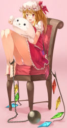 Rule 34 | 1girl, ascot, ball and chain restraint, barefoot, blonde hair, blush, bow, chair, fang, feet on chair, flandre scarlet, frilled skirt, frills, full body, happy, hat, hat bow, highres, kanzen bouon, legs, long legs, looking at viewer, mob cap, open mouth, panties, pink background, puffy short sleeves, puffy sleeves, red eyes, red skirt, short sleeves, side ponytail, simple background, sitting, skirt, smile, solo, stuffed seal, stuffed toy, thighs, touhou, underwear, vest, white panties, wings
