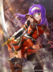 Rule 34 | 1girl, ahoge, asymmetrical clothes, bare shoulders, belt, copyright name, detached sleeves, fire emblem, fire emblem: path of radiance, fire emblem cipher, gloves, green eyes, hairband, hand on own hip, long hair, mayo (becky2006), mia (fire emblem), nintendo, official art, purple hair, smile, solo, sword, thighhighs, weapon, zettai ryouiki