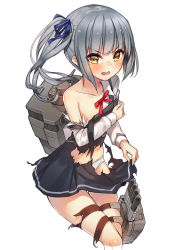 Rule 34 | 10s, 1girl, angry, bare shoulders, blouse, blue ribbon, blush, brown eyes, collarbone, dress, hair ornament, hair ribbon, kantai collection, kasumi (kancolle), kasumi kai ni (kancolle), long hair, long sleeves, looking at viewer, machinery, moriki, open mouth, panties, ponytail, ribbon, school uniform, shirt, side ponytail, silver hair, simple background, sleeveless, sleeveless dress, solo, suspenders, teeth, thigh strap, torn clothes, torn dress, torn shirt, torpedo, underwear, white background, white panties, white shirt, yellow eyes