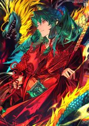 Rule 34 | 1boy, artist name, blurry, chinese clothes, crossed arms, depth of field, dragon, eastern dragon, eeju, fate/samurai remnant, fate (series), green hair, half updo, hanfu, high ponytail, highres, jade (gemstone), long hair, low-tied sidelocks, orange eyes, parted bangs, pixiv id, polearm, red hanfu, red robe, robe, solo, spear, tassel, twitter username, weapon, zheng chenggong (fate)