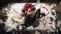 Rule 34 | 1girl, :d, arknights, backlighting, belt, black footwear, black pantyhose, black shorts, blush, broken glass, broken window, brown shirt, day, detached wings, energy wings, exusiai (arknights), firing at viewer, full body, glass, grey jacket, gun, hair between eyes, halo, highres, holding, holding gun, holding weapon, indoors, jacket, laser, looking at viewer, open clothes, open jacket, open mouth, pantyhose, red eyes, red hair, shirt, shoes, shorts, smile, sneakers, solo, weapon, wings, z 05