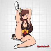 Rule 34 | 1girl, animated, artist name, bracelet, braid, breasts, brown hair, capcom, chinese clothes, chun-li, cleavage, jewelry, large breasts, leg up, long hair, no panties, on floor, pussy, scruffmuhgruff, shoes, sitting, solo, spiked bracelet, spikes, street fighter, stretching, swept bangs, twin braids, uncensored, video, white footwear, wince
