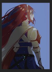 Rule 34 | 1girl, alear (female) (fire emblem), alear (fire emblem), blue background, blue hair, cape, crying, fire emblem, fire emblem engage, hair between eyes, highres, illust mi, long hair, long sleeves, looking to the side, multicolored hair, nintendo, red hair, simple background, skirt, solo, tears, two-tone hair