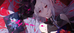 1girl absurdres averting_eyes bare_shoulders broken_picture_frame crying earrings flower glint gloves grey_hair hair_between_eyes hair_spread_out highres holding honkai:_star_rail honkai_(series) jewelry jingliu_(honkai:_star_rail) long_hair looking_at_object looking_to_the_side lying on_back paint_splatter parted_lips red_eyes single_glove solo tautani tears upper_body very_long_hair