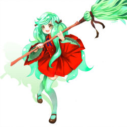 Rule 34 | 1girl, :d, bad id, bad pixiv id, bow, broom, brown eyes, brown footwear, dress, green hair, green thighhighs, gurumdal (kirel), hair bow, holding, holding broom, long hair, looking at viewer, open mouth, original, personification, red dress, shadow, smile, solo, thighhighs, wide sleeves, witch