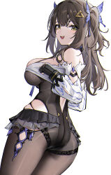 Rule 34 | 1girl, absurdres, ass, bare shoulders, black gloves, black pantyhose, breasts, brown hair, butterfly hair ornament, detached sleeves, gloves, hair ornament, highres, hundun no bifang, large breasts, long hair, looking at viewer, looking back, official alternate costume, pantyhose, simple background, siris (snowbreak), smile, snowbreak: containment zone, solo, white background, yellow eyes