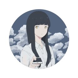 Rule 34 | 1girl, ame (amemgmgmg), bad id, bad pixiv id, black hair, blue sky, blunt bangs, cellphone, closed mouth, cloud, collared shirt, framed, holding, holding phone, long hair, looking at viewer, original, phone, round image, shirt, sky, smartphone, solo, wing collar, yellow eyes