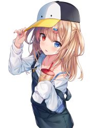 Rule 34 | 1girl, bare shoulders, baseball cap, black hat, blue eyes, bubble tea, collarbone, collared shirt, commentary, cup, disposable cup, drinking straw, english commentary, hair ornament, hairclip, hand on headwear, hand up, hat, hitsukuya, holding, holding cup, light brown hair, long hair, long sleeves, looking at viewer, off shoulder, original, overall skirt, parted lips, red eyes, shirt, signature, simple background, sleeves past fingers, sleeves past wrists, solo, two side up, white background, white shirt