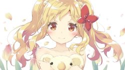 Rule 34 | 1girl, blonde hair, blush, bow, brown eyes, closed mouth, collarbone, commentary request, copyright request, hair bow, kani biimu, long hair, nude, hugging object, petals, red bow, simple background, smile, solo, stuffed animal, stuffed koala, stuffed toy, twintails, white background