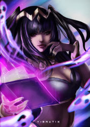 Rule 34 | 1girl, bangle, black hair, blunt bangs, bodystocking, bodysuit, book, bracelet, breasts, bridal gauntlets, cape, circlet, cleavage, commentary, english commentary, finger to mouth, fire emblem, fire emblem awakening, fire emblem heroes, holding, holding book, jewelry, looking at viewer, magic, nail polish, nintendo, skin tight, tharja (fire emblem), tiara, two side up, vibratix