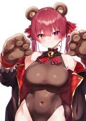 Rule 34 | 1girl, absurdres, animal ears, animal hands, armpits, bare shoulders, bear ears, bear paws, bell, blush, breasts, brown leotard, choker, covered navel, frilled choker, frills, gloves, gyoza (pixiv17855879), hair ribbon, heterochromia, highres, hololive, houshou marine, houshou marine (1st costume), jacket, large breasts, leotard, long hair, looking at viewer, navel, paw gloves, paw pose, red eyes, red hair, red jacket, ribbon, see-through, see-through leotard, simple background, smile, solo, twintails, virtual youtuber, white background, yellow eyes