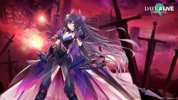 Rule 34 | 1girl, armor, armored dress, black gloves, breasts, building, closed mouth, cloud, dark persona, date a live, date a live: spirit pledge, dress, elbow gloves, gloves, highres, holding, holding sword, holding weapon, horns, huge weapon, long hair, medium breasts, multicolored clothes, multicolored dress, official alternate costume, official art, purple dress, solo, sword, weapon, yatogami tenka, yatogami tooka