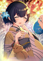 Rule 34 | 1girl, 1other, ^ ^, aerial fireworks, black hair, blue flower, blue hair, blush, closed eyes, dot nose, fireworks, flower, hair between eyes, hair bun, hair flower, hair ornament, hands up, happy tears, highres, holding, idolmaster, idolmaster shiny colors, japanese clothes, kimono, long sleeves, morino rinze, night, night sky, obi, obiage, obijime, open hand, open mouth, outdoors, pov, sash, short hair, sky, smile, straw doll, tears, umeume (totoya), upper body, water balloon, white kimono, wide sleeves, yukata, zipper, zipper pull tab