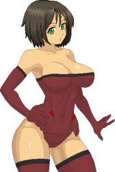 Rule 34 | 1girl, ahoge, aliasing, armor, bare shoulders, black gloves, black hair, breasts, brown hair, cleavage, contrapposto, cosplay, covered navel, cowboy shot, gauntlets, gloves, green eyes, hand on own hip, honchan, impossible clothes, impossible leotard, large breasts, leotard, looking at viewer, lowres, nchallenge, nchans, no bra, pixel art, power armor, red gloves, see-through, short hair, simple background, solo, standing, strapless, strapless leotard, thighhighs, warner, white background