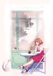 Rule 34 | 10s, 1girl, bad id, bad pixiv id, bare shoulders, blush stickers, boku no hero academia, bracelet, brown eyes, brown hair, cafe, cat, cup, dress, drink, drinking glass, drinking straw, full body, highres, jewelry, looking at another, outdoors, raran (lllng000), red dress, reflection, sailor dress, short hair, sitting, sleeveless, sleeveless dress, smile, solo, table, uraraka ochako, window