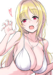 Rule 34 | 1girl, bare shoulders, bikini, blonde hair, blush, breasts, claw pose, cleavage, collarbone, cross, cross necklace, dot nose, fang, hair between eyes, hand up, heart, idolmaster, idolmaster cinderella girls, idolmaster cinderella girls starlight stage, jewelry, kurosaki chitose, large breasts, long hair, looking at viewer, necklace, open mouth, red eyes, simple background, solo, sousakubito, swimsuit, teeth, upper body, upper teeth only, very long hair, white background, white bikini