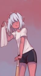 Rule 34 | 1girl, :o, akiosketch, bat (animal), blush, commentary, covered eyes, cowboy shot, english commentary, facing viewer, grey hair, hair over one eye, hand on hilt, hand up, highres, holding, holding towel, leaning forward, momo (ignacio penailillo), oni, original, pointy ears, red background, shirt, short hair, short shorts, shorts, solo, standing, sweat, towel, white shirt