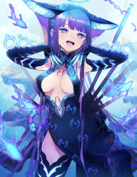 Rule 34 | 1girl, bare shoulders, blue dress, blue eyes, blue fire, blue gloves, blue headwear, blue thighhighs, blunt bangs, blush, breasts, center opening, dress, elbow gloves, fate/grand order, fate (series), fire, fish, floral print, gloves, hair ornament, halo, hands up, highres, large breasts, leaf hair ornament, long hair, looking at viewer, natsuiro xx, open mouth, purple hair, sash, smile, solo, thighhighs, thighs, very long hair, yang guifei (fate), yang guifei (third ascension) (fate)