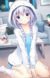 Rule 34 | 1girl, absurdres, blue dress, blue eyes, braid, cake, character hood, collarbone, colored eyelashes, commentary request, couch, dress, food, fruit, gochuumon wa usagi desu ka?, hair between eyes, hair ornament, hair over shoulder, highres, hood, hood up, hooded jacket, indoors, jacket, kafuu chino, kneehighs, long hair, low twintails, no shoes, on floor, open clothes, open jacket, pillow, pizzzica, purple hair, sitting, socks, solo, strawberry, table, twin braids, twintails, wariza, white jacket, white socks, window, x hair ornament