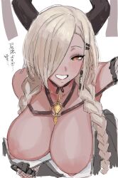 Rule 34 | 1girl, azur lane, black gloves, black skirt, blonde hair, blush, braid, breasts, breasts out, brown eyes, dark-skinned female, dark skin, earrings, eyelashes, fishnet gloves, fishnets, flashing, gloves, hair ornament, hair over one eye, hairclip, heart, heart-shaped pupils, horns, jewelry, large breasts, leaning forward, long hair, looking at viewer, mole, mole under mouth, nipples, owari (azur lane), parted bangs, parted lips, simple background, sketch, skirt, smile, solo, suisogenshi, symbol-shaped pupils, translated, twin braids, upper body, white background