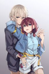 Rule 34 | absurdres, arm around neck, belt, black choker, black jacket, black shorts, black thighhighs, blue eyes, blue jacket, blue shirt, blush, brown hair, choker, closed mouth, collared shirt, commentary, doki (oox3o), dress shirt, garter straps, girls band cry, gradient background, grey background, grey eyes, grey hair, hair between eyes, hands up, highres, interlocked fingers, iseri nina, jacket, kawaragi momoka, long hair, long sleeves, looking at viewer, low twintails, multicolored hair, o-ring, o-ring choker, open clothes, open jacket, roots (hair), shirt, short twintails, shorts, sidelocks, thighhighs, tongue, tongue out, twintails, white shirt, white shorts, yellow belt, yuri