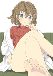 Rule 34 | 1girl, barefoot, blue eyes, blush, brown hair, couch, feet, foot focus, haibara ai, highres, lab coat, looking at viewer, meitantei conan, miyano shiho, parted lips, pov, sitting, soles, sweater, toes